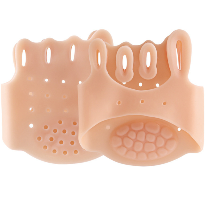Unisex split toe separator foot pad with massager design for bunion pain relief & foot alignment. Silicone, reusable.