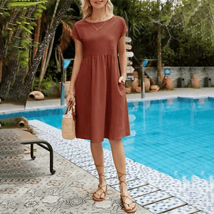 Elegant round neck women's dress, a flattering everyday style with tummy control features.