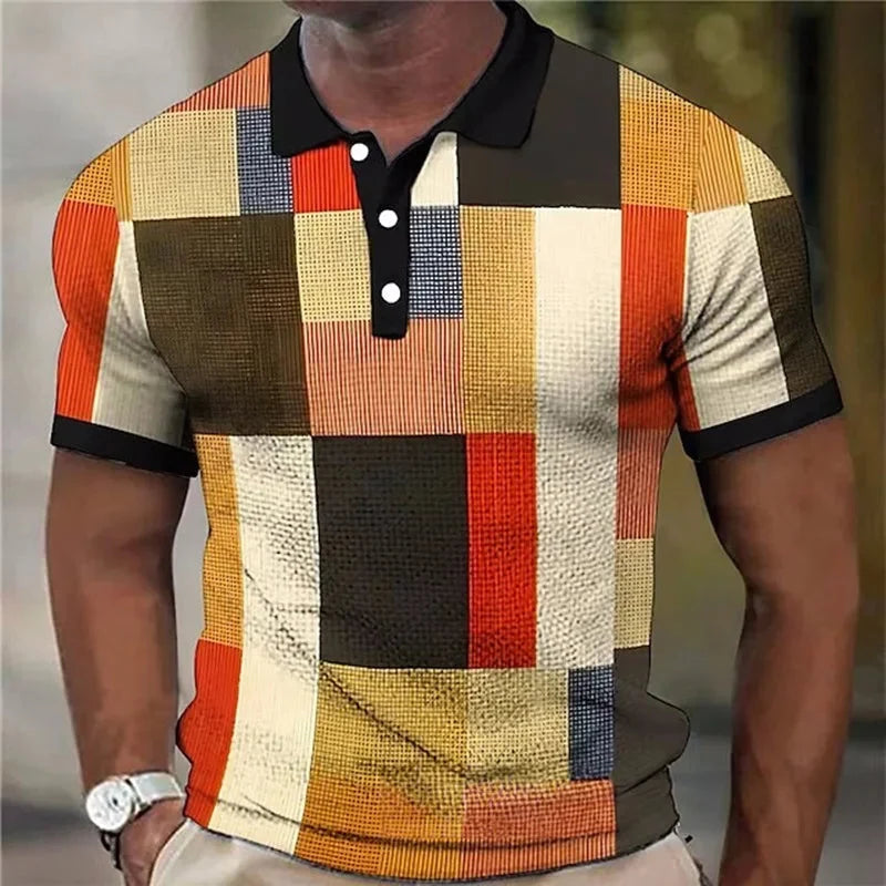 Bold and vibrant plaid men's polo shirt, a stylish top for versatile summer fashion and casual outfits.