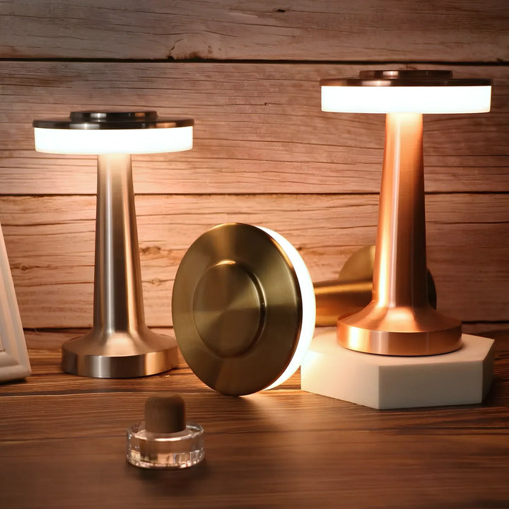 Modern vintage LED bar table lamp, rechargeable. Cordless and dimmable for versatile use.