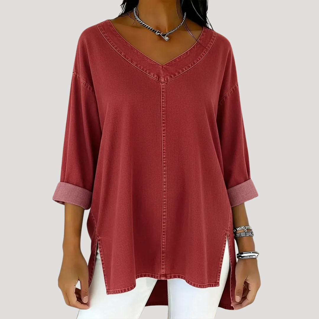 Stylish women's V-neck tunic top with a relaxed fit, offering comfortable & versatile fashion for daily casual wear.