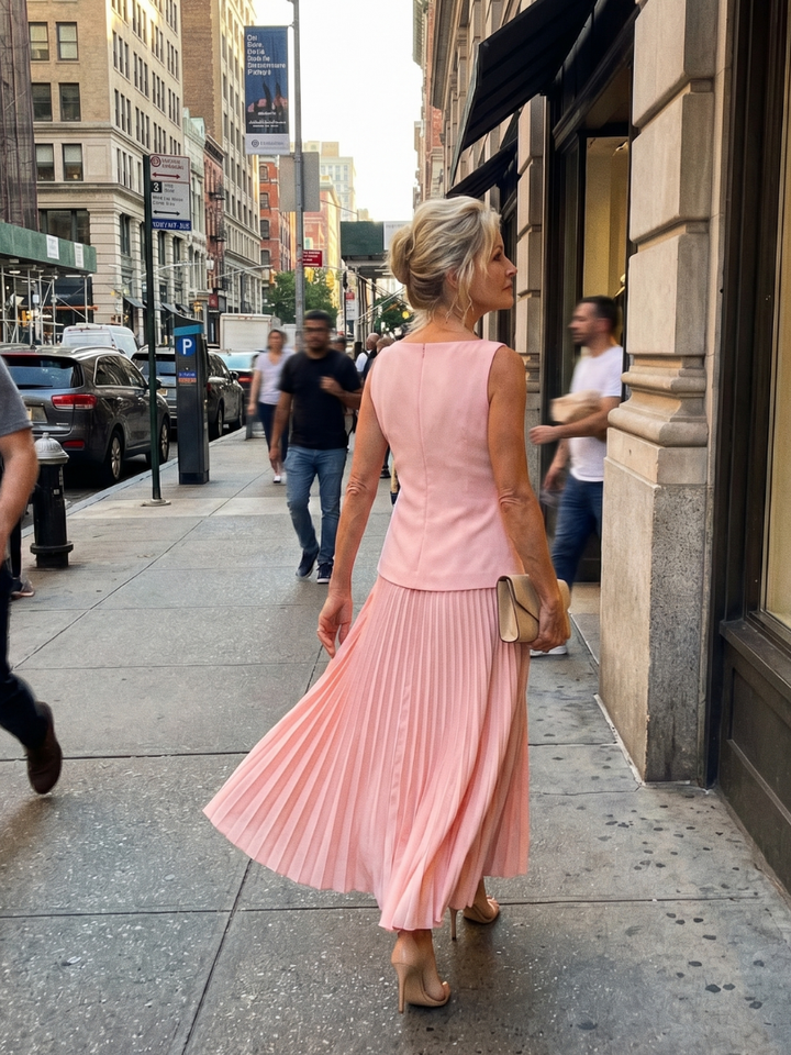 Stylish women's ensemble: structured bodice top and elegant pleated maxi skirt, for a chic look.