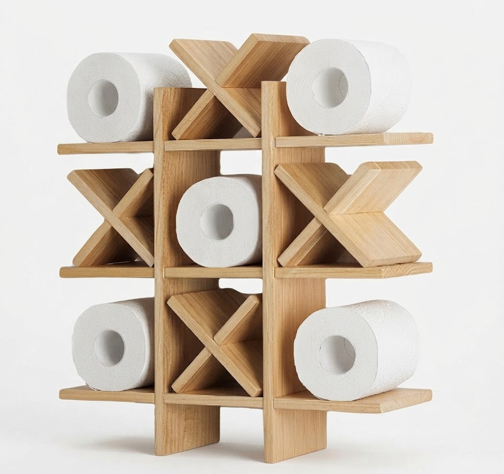 Rustic wooden toilet paper holder, wall-mounted pine wood for farmhouse bathroom decor.