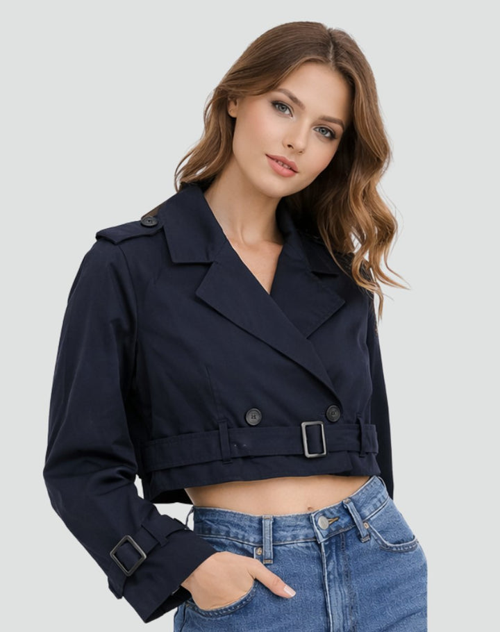 Classic women's cropped trench coat, double-breasted. Belted, tailored, elegant spring/fall jacket.