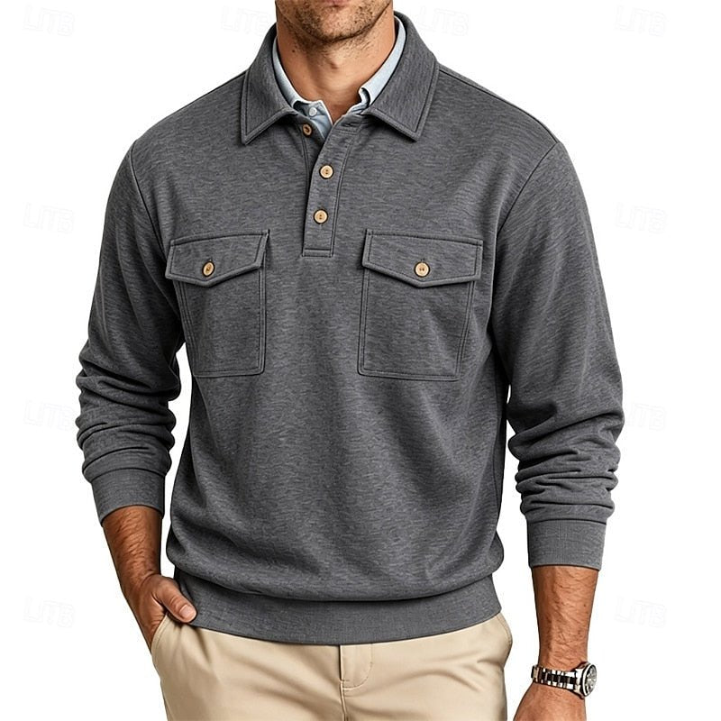 Versatile men's long-sleeve pocket polo, suitable for smart casual looks and comfortable everyday wear.