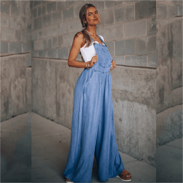 Women's Wide-Leg Denim Dungaree Jumpsuit