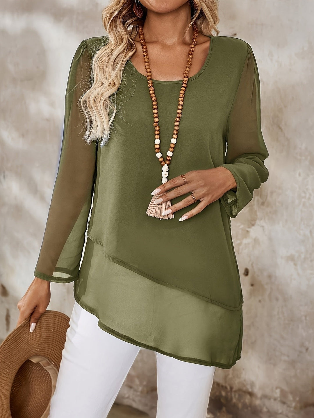 Black elegant layered blouse, women's round neck long sleeve top with a relaxed fit.