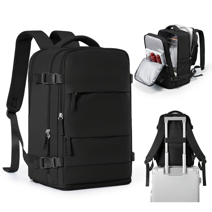 Durable unisex travel backpack with laptop sleeve, shoe compartment, and waterproof pockets for organized packing.
