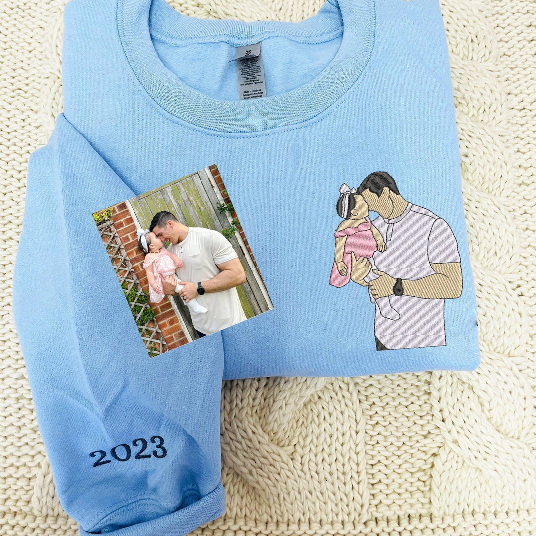 Unisex custom photo hoodie. Personalized embroidered gift for Dad, unique Father's Day apparel.