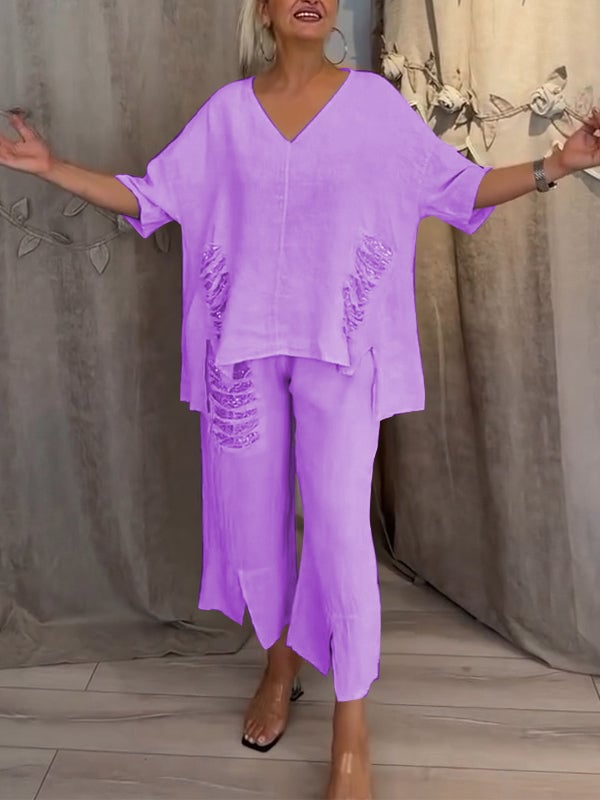 Women's V-Neck Top & Wide Leg Pants Set