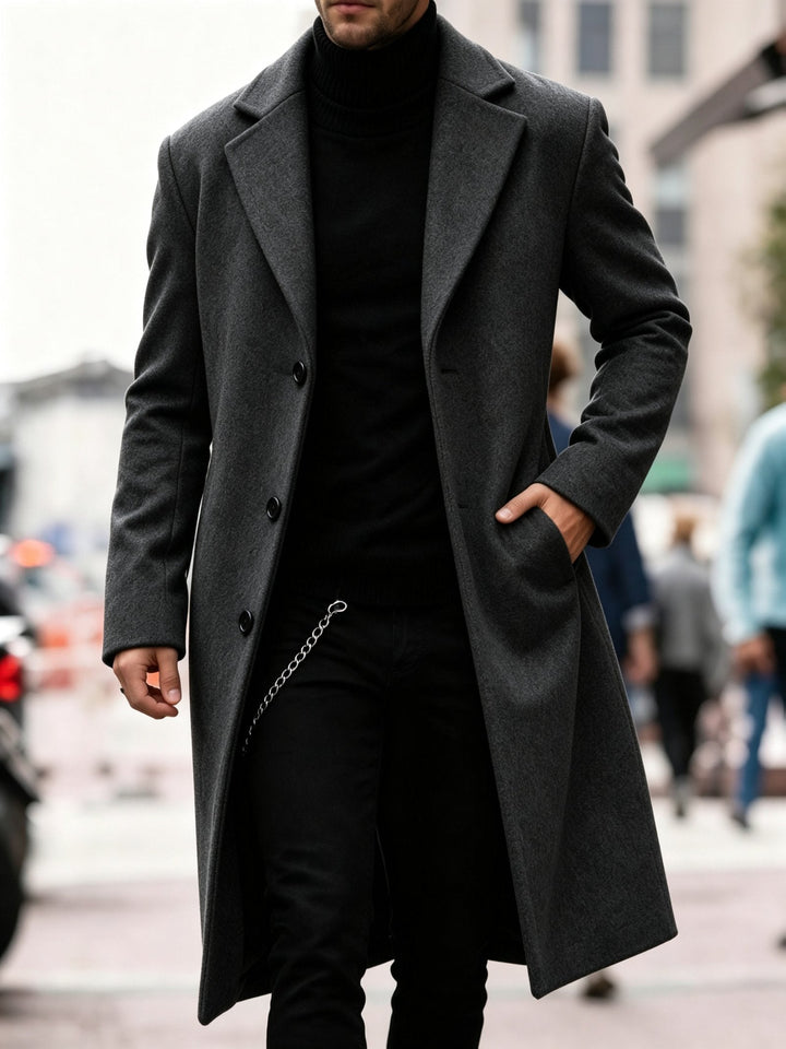 Sophisticated men's long trench coat, classic tailored fit for elegant business wear.