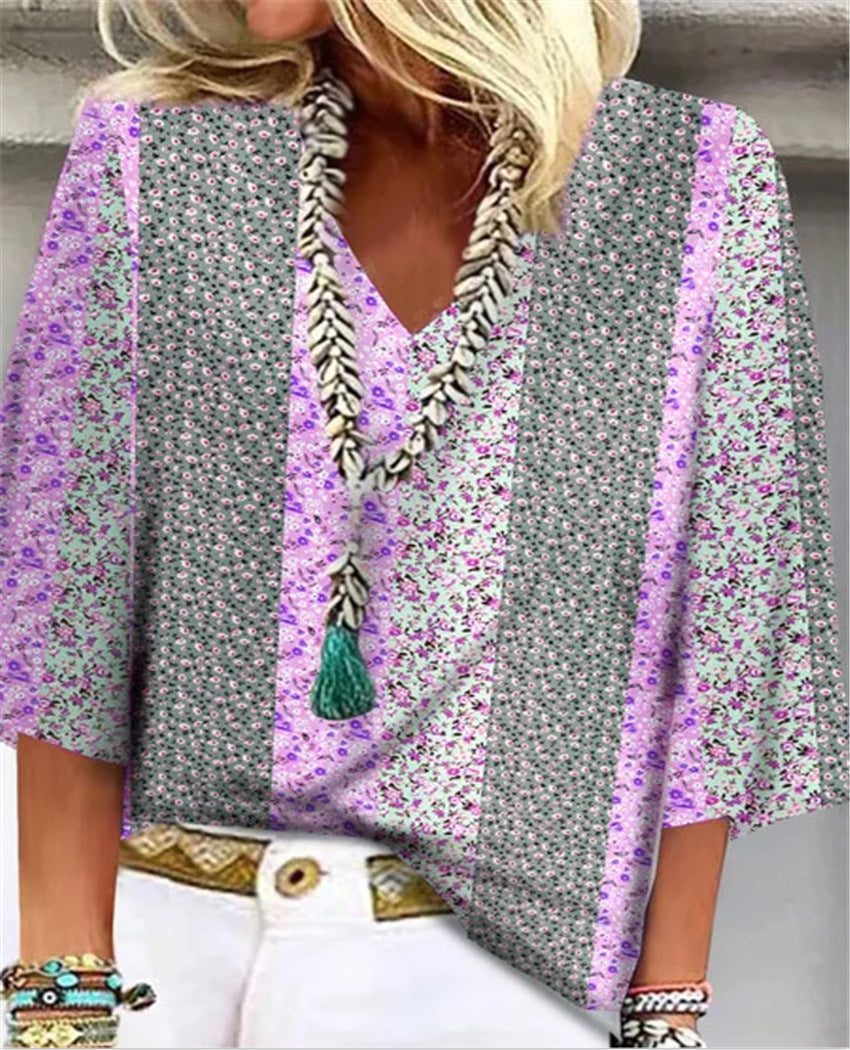 Women's Printed V-Neck 3/4 Sleeve Blouse