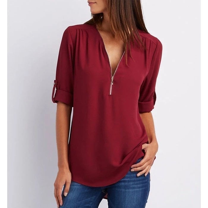Women's Zip V-Neck 3/4 Sleeve Blouse