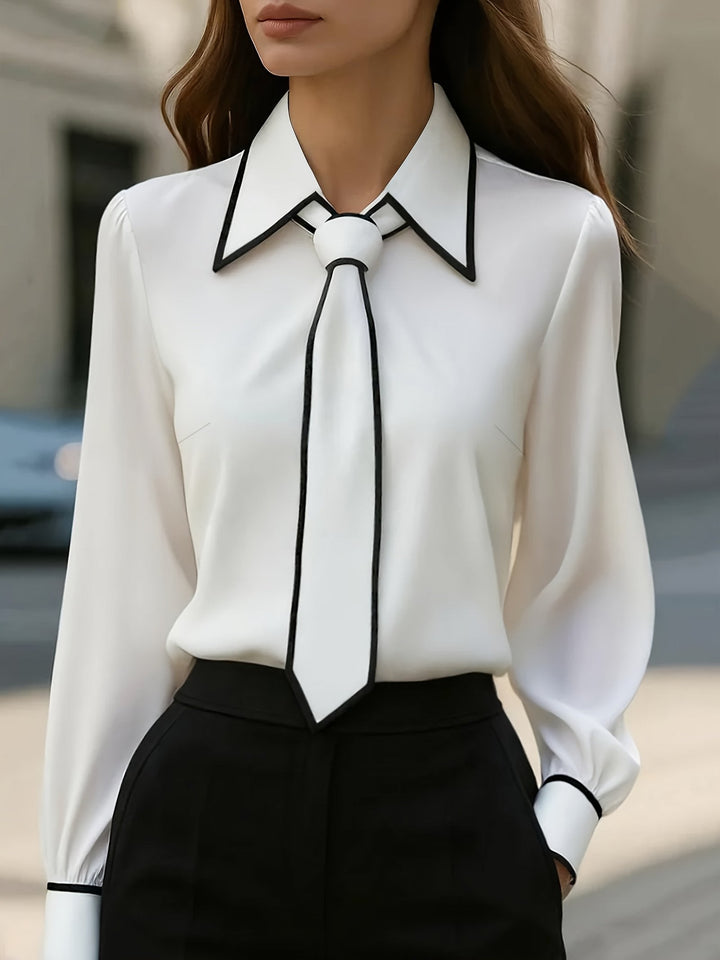 Women's elegant contrast tie blouse with long sleeves, perfect for office wear or chic casual outfits. Refined style.