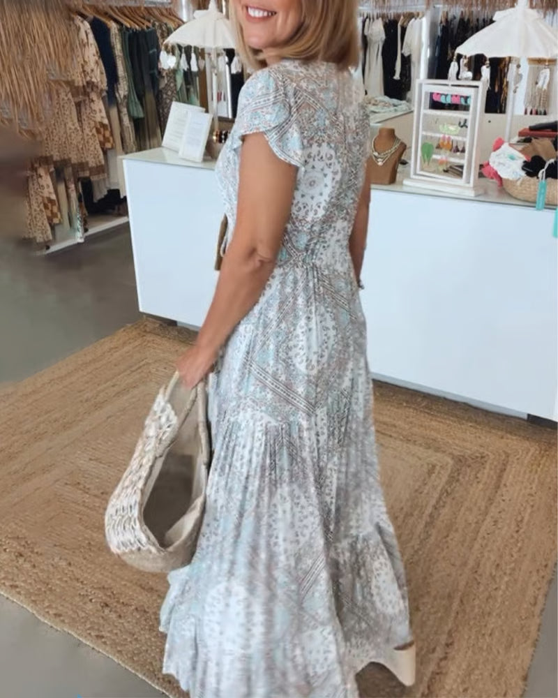 Elegant V-Neck Dress in White, Rosa, Blue