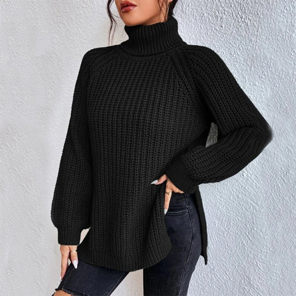 Casual chic women's turtleneck pullover. Solid color, long sleeve, split hem, great layering piece.
