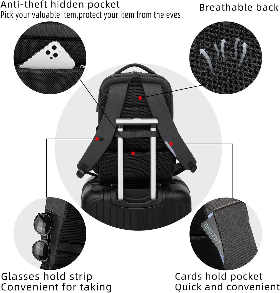 Rose water-resistant work backpack, organized for tech, with a USB charging port & laptop sleeve.