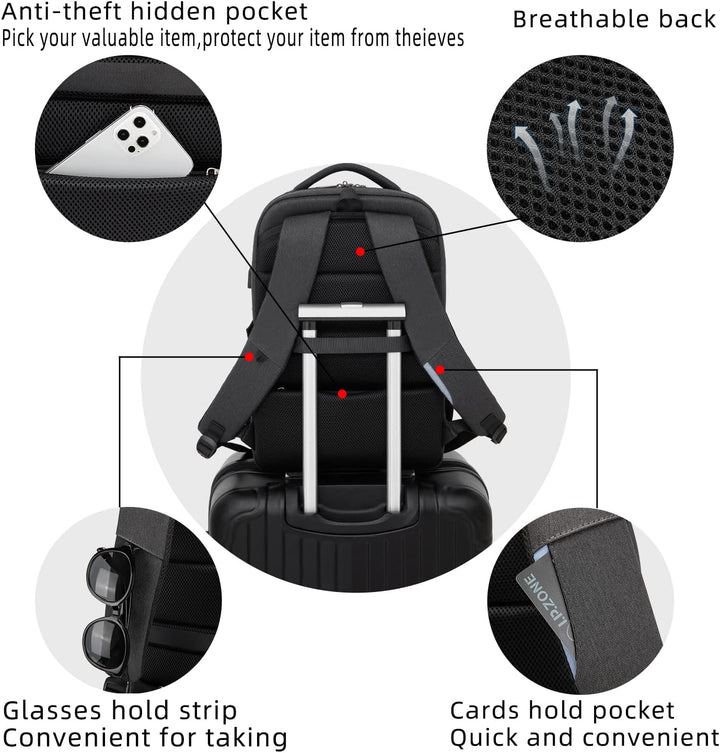 Rose water-resistant work backpack, organized for tech, with a USB charging port & laptop sleeve.