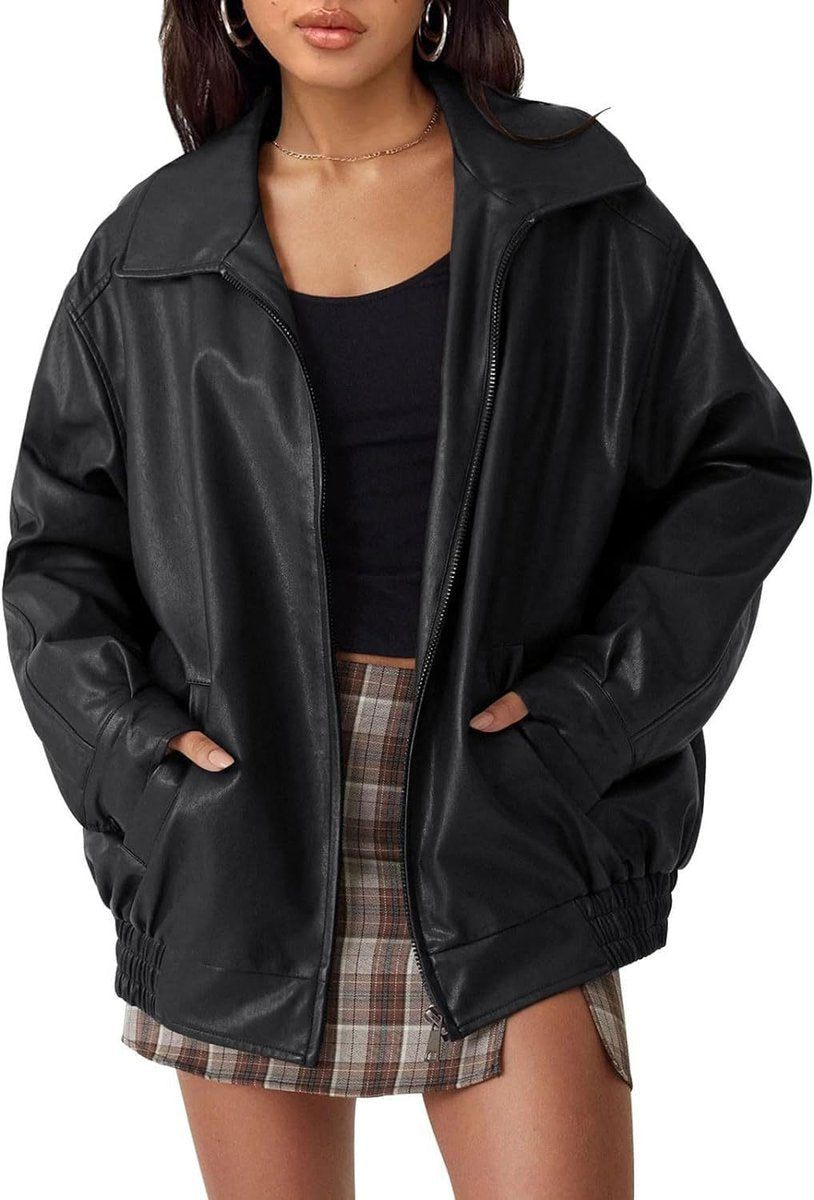 Trendy women's leather bomber jacket, oversized fit, a chic statement for fall fashion outerwear.