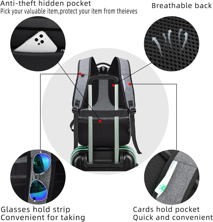Blue school & work backpack, water-resistant, USB port, organized compartments for textbooks.