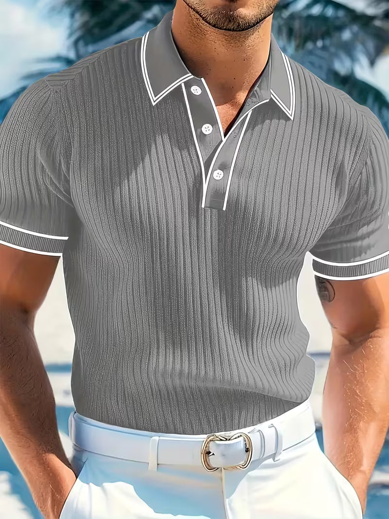 Stylish men's color-blocked short sleeve polo, a classic for versatile summer wear & casual fashion trends.