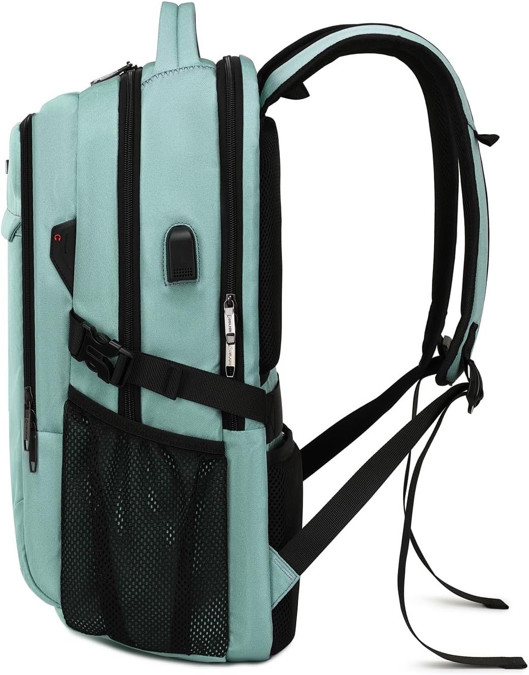 Light grey tech travel bag with USB port, water-resistant, smart storage for laptops & gadgets.