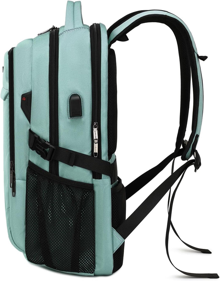 Light grey tech travel bag with USB port, water-resistant, smart storage for laptops & gadgets.