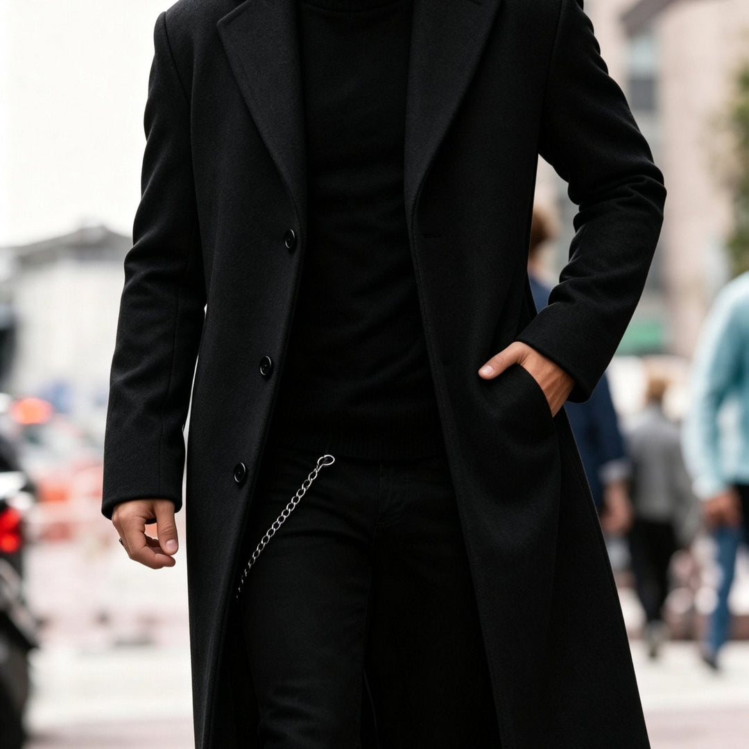 Versatile men's long overcoat, a tailored classic trench coat for sophisticated fashion.