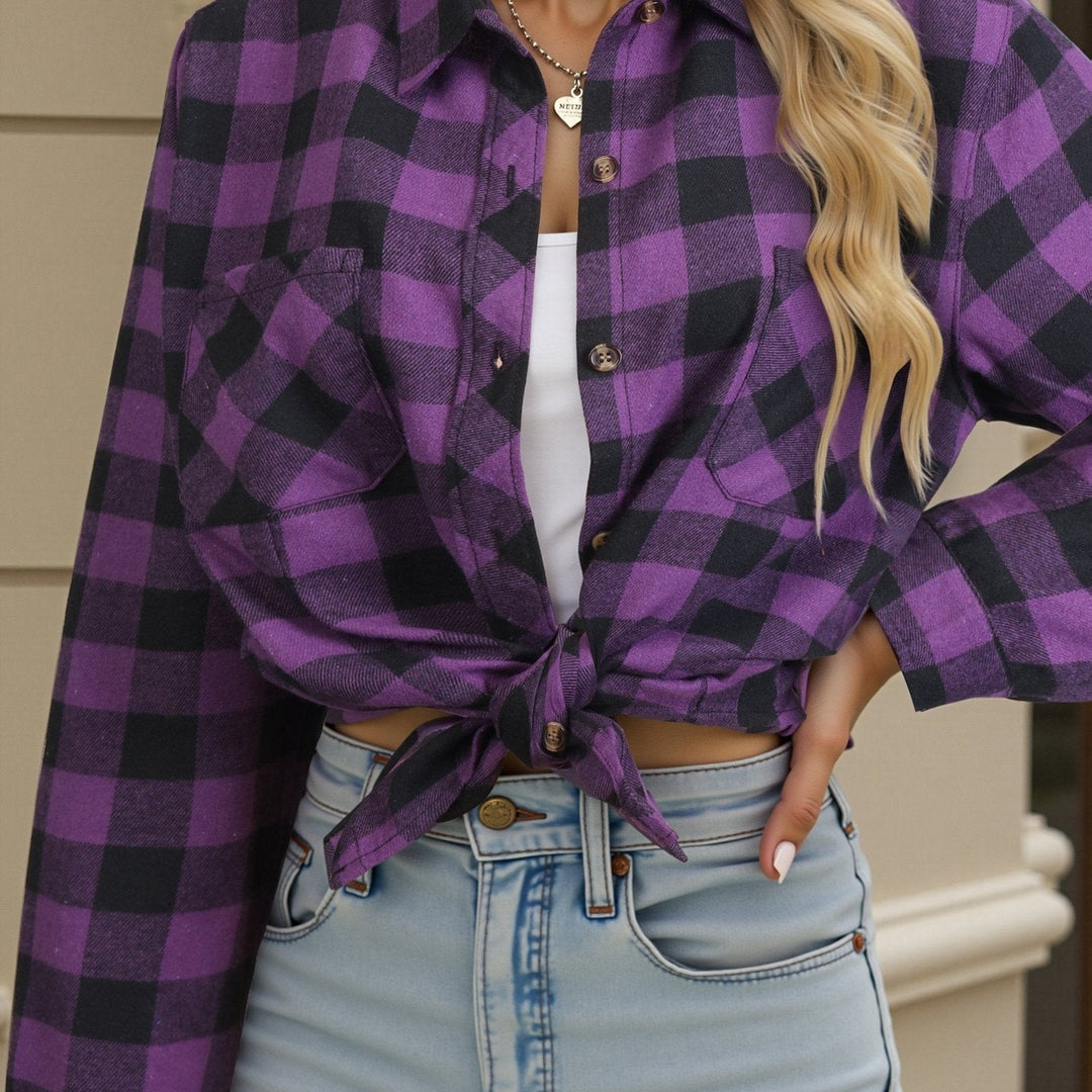 Women's button-up relaxed fit shirt, buffalo check, long sleeve, a classic casual look.