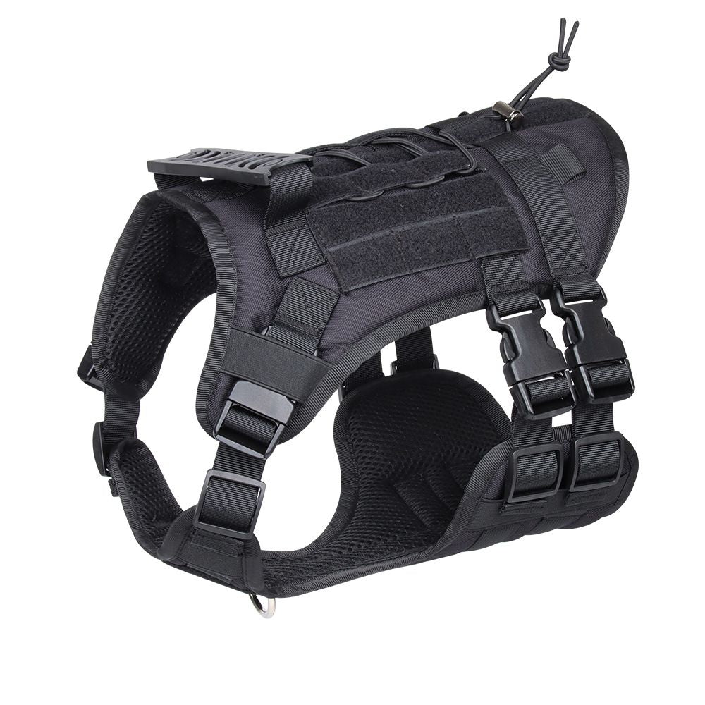 Black tactical dog harness with a control handle, perfect for dog training, walks, and managing strong large dogs.