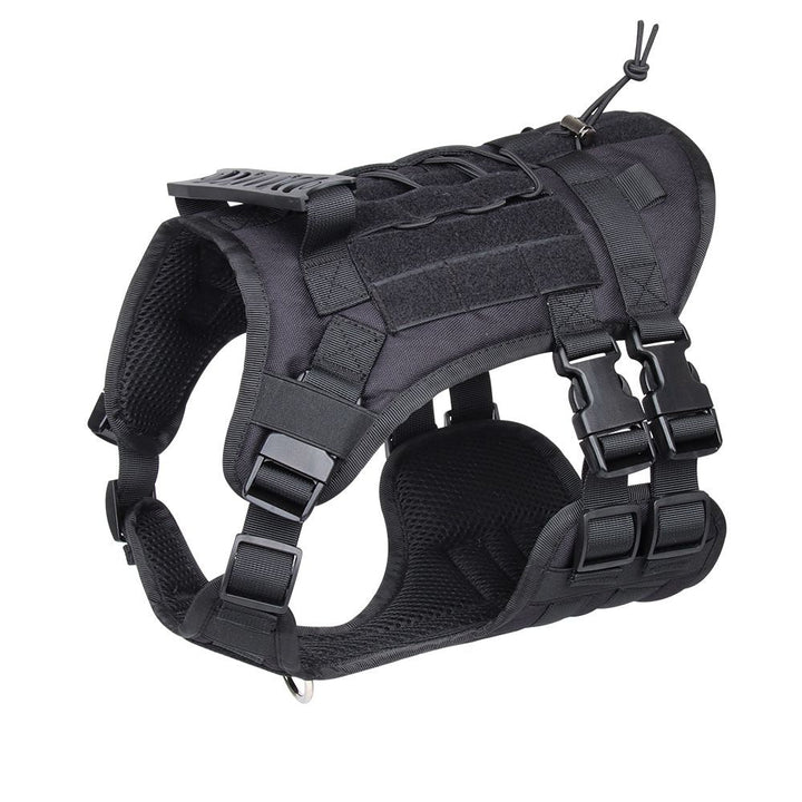 Black tactical dog harness with a control handle, perfect for dog training, walks, and managing strong large dogs.