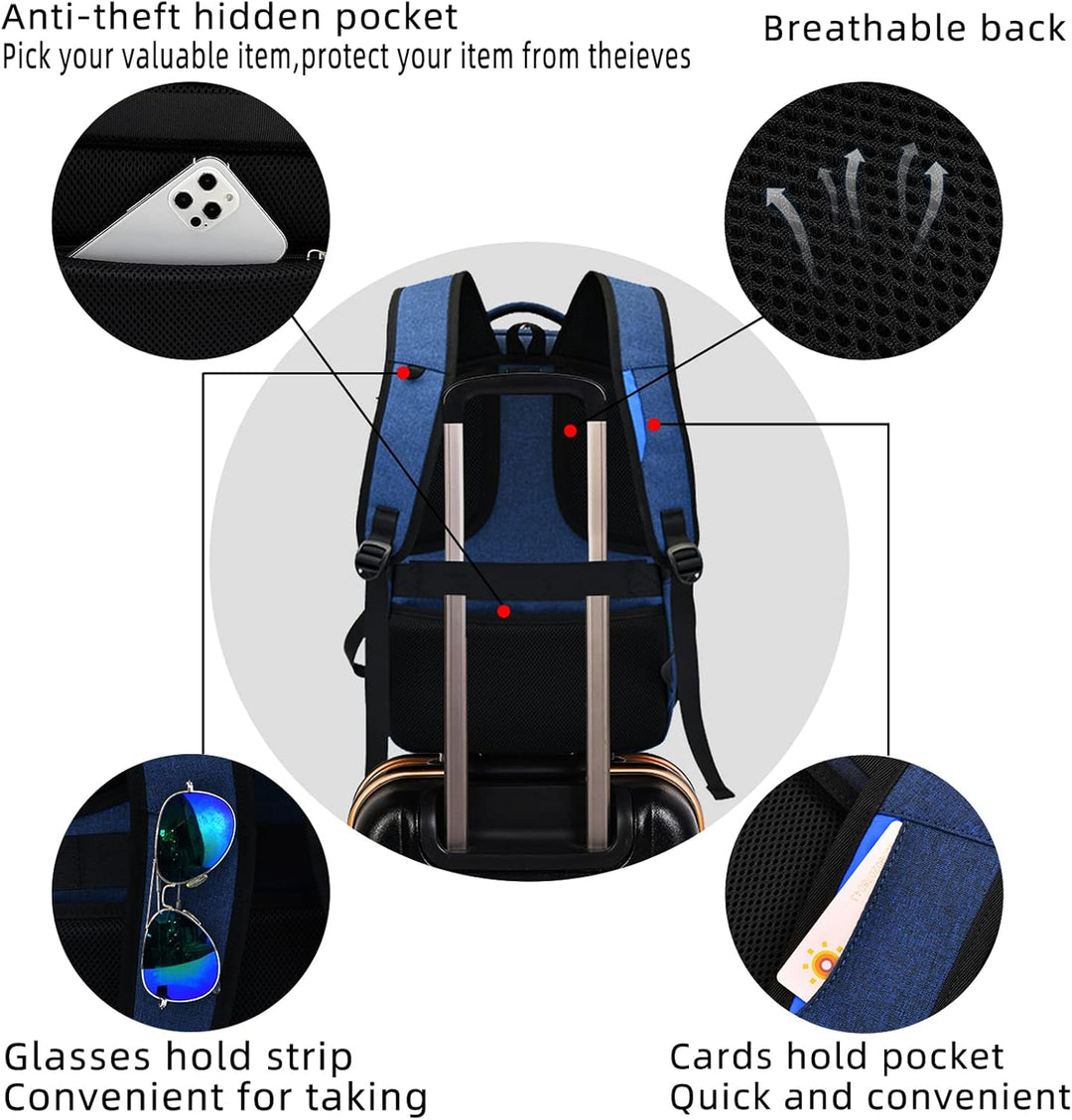 Dark grey unisex travel laptop backpack, water-resistant, USB port, smart storage for all.