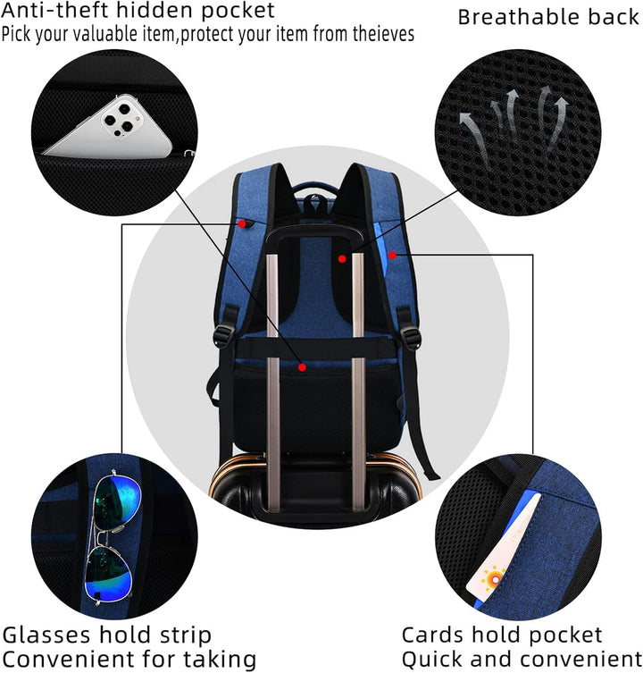 Dark grey unisex travel laptop backpack, water-resistant, USB port, smart storage for all.