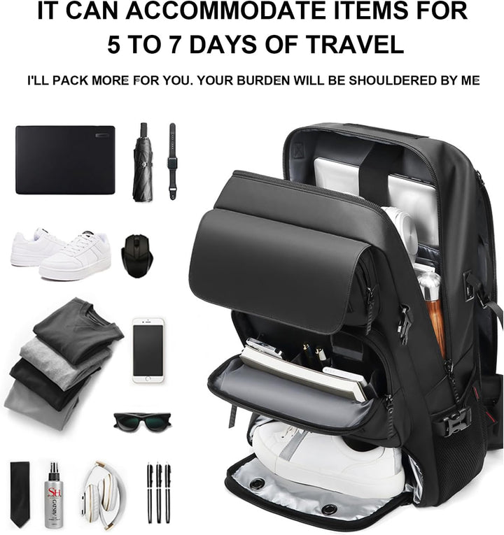 Spacious 50L waterproof travel backpack with a dedicated shoe compartment & convenient USB charging access.
