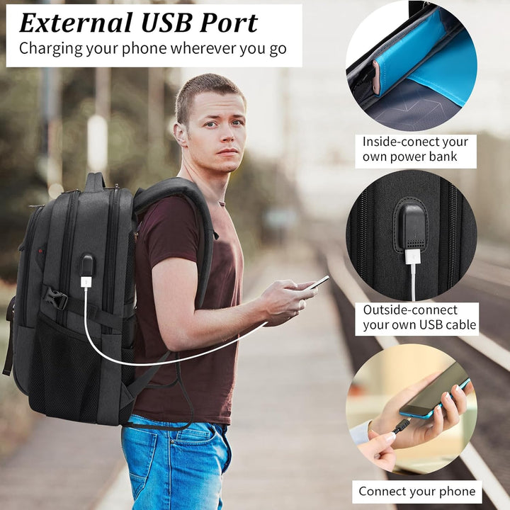 Dark grey carry-on laptop backpack, water-resistant, USB port, smart storage for travel needs.