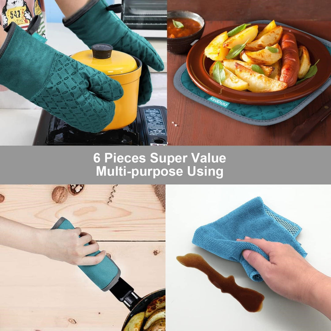 Convenient & heat-resistant 6-piece oven glove & pot holder set, a must-have for any busy kitchen.