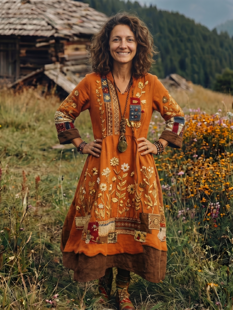 Detailed long sleeve embroidered women's midi dress, showing flowy fabric and elegant paneling. Relaxed fit style.