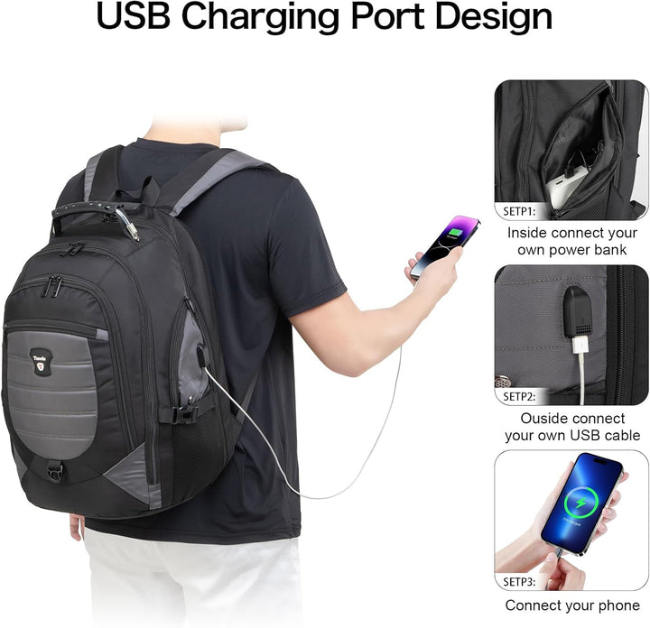 Durable waterproof travel backpack with USB charging, perfect for business trips & school, fits 17.3" laptops.