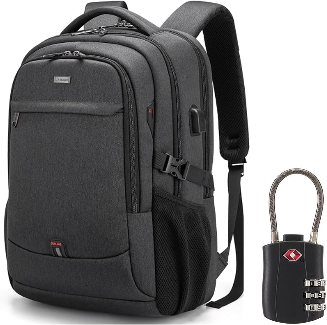 Dark grey water-resistant travel laptop backpack with USB port & smart storage for commuters.