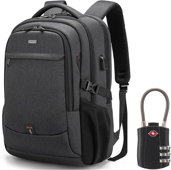 Dark grey water-resistant travel laptop backpack with USB port & smart storage for commuters.