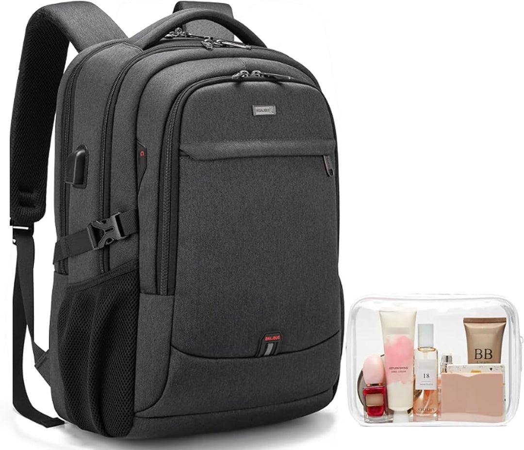 Dark grey durable travel laptop backpack, USB port, smart storage, perfect for school & work.