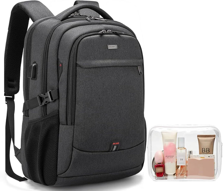 Dark grey durable travel laptop backpack, USB port, smart storage, perfect for school & work.