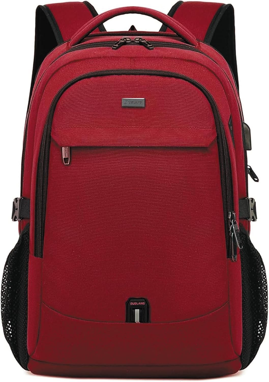 Dark grey anti-theft tech travel backpack, water-resistant, USB port, organized laptop space.