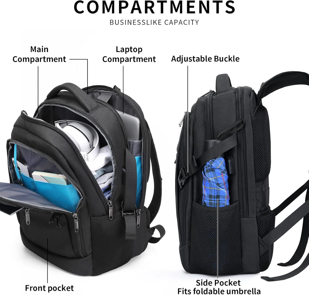 Blue water-resistant travel laptop bag, USB charging, smart storage for adventurers.