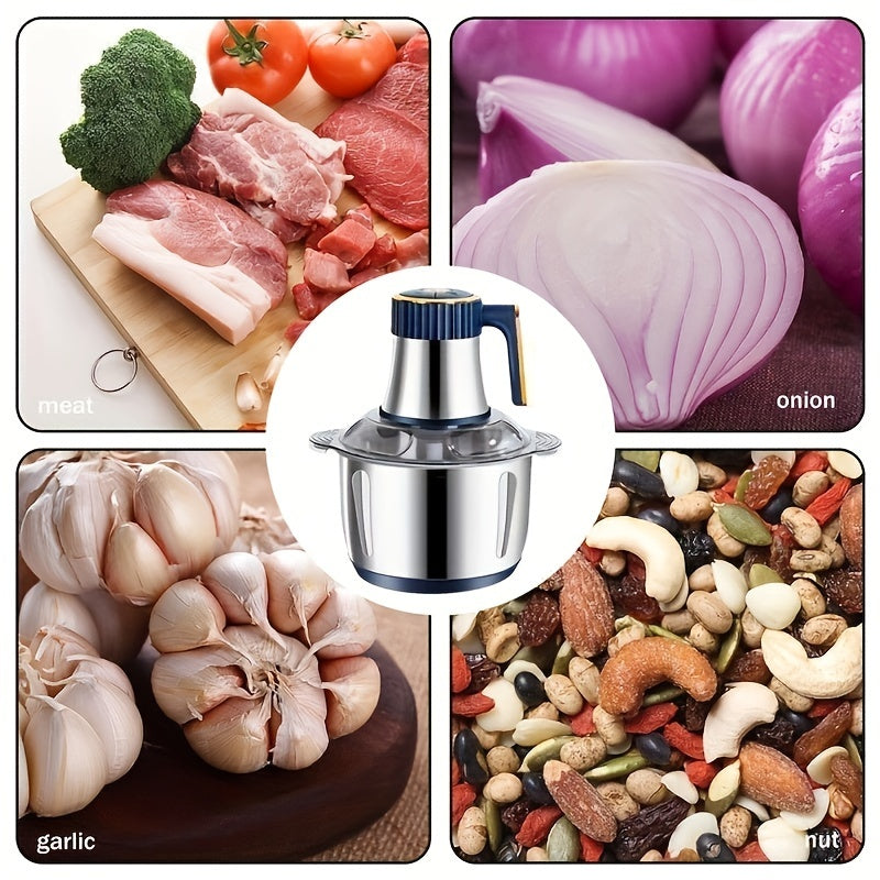 Sleek stainless steel electric food processor for mincing meat & slicing vegetables. Upgrade your home cooking.