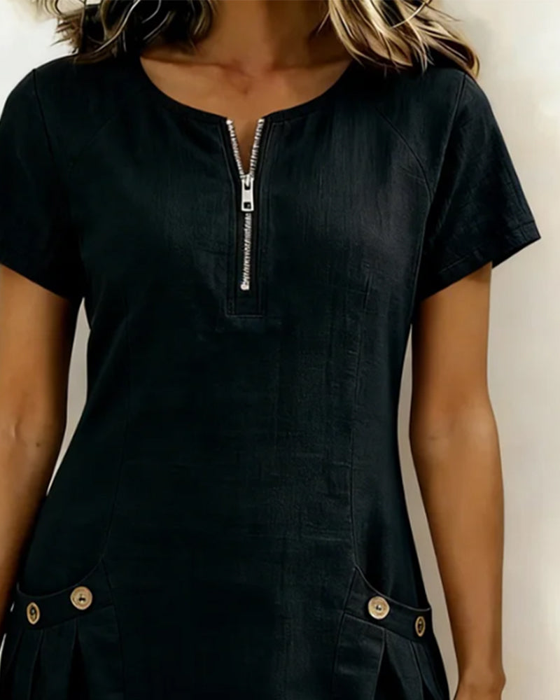 Women's Linen Zip Neck Mini Dress