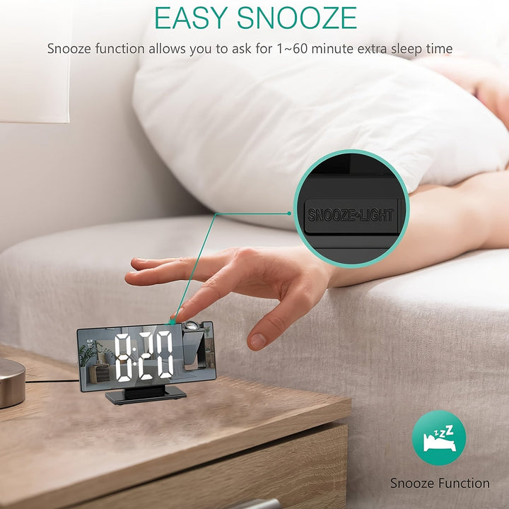 Stylish LED alarm clock with time projection and snooze. Perfect for a modern bedroom or office setting.