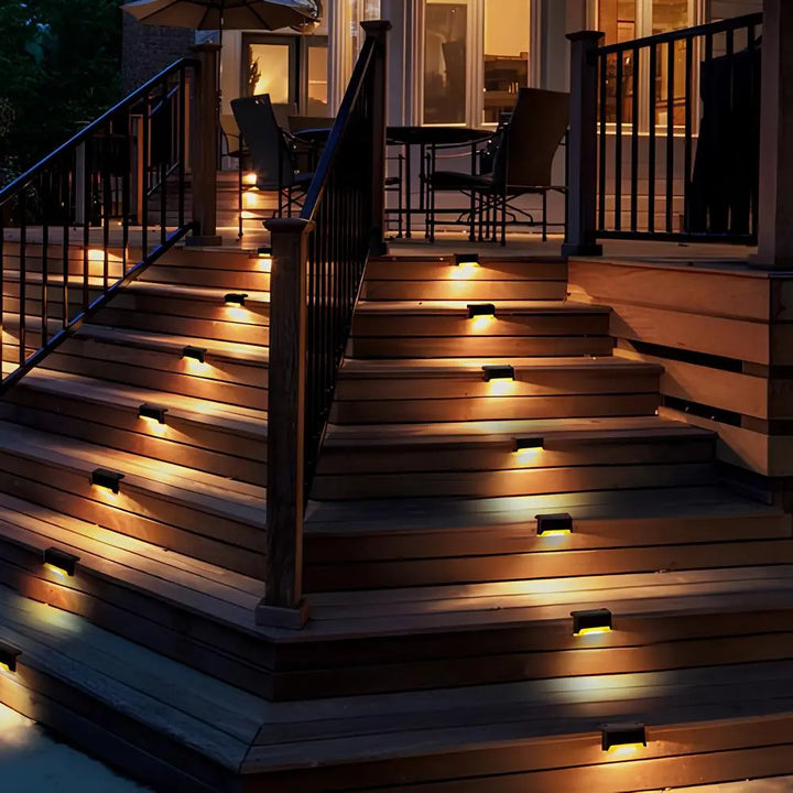 Weatherproof outdoor solar deck lights with warm glow, auto on/off.