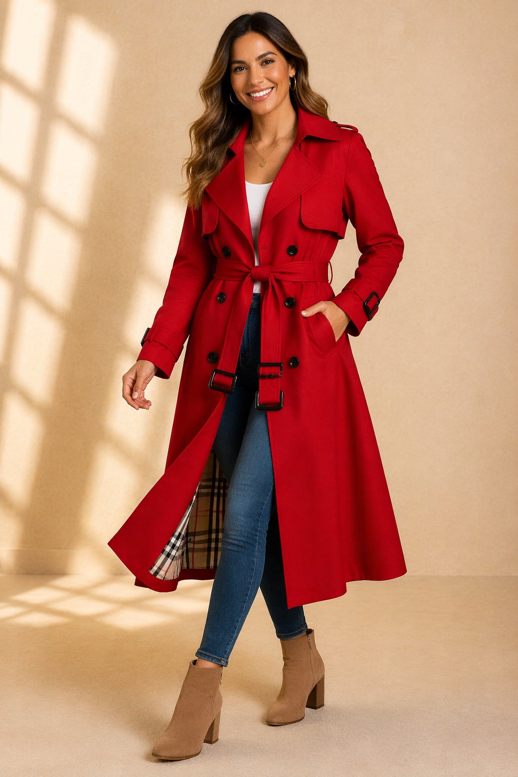 Elegant women's long trench coat in classic style. Perfect belted outerwear for stylish spring and autumn outfits.