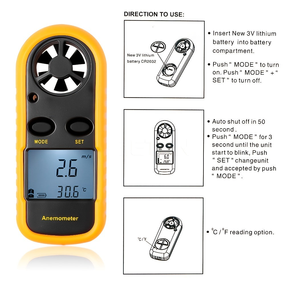 Compact handheld digital anemometer for portable wind speed and weather measurement on the go.